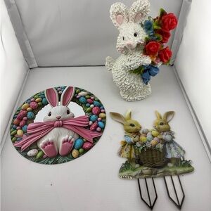 Easter Bunny Trio Wall Art - Pastel Pink & Multicolor Accents